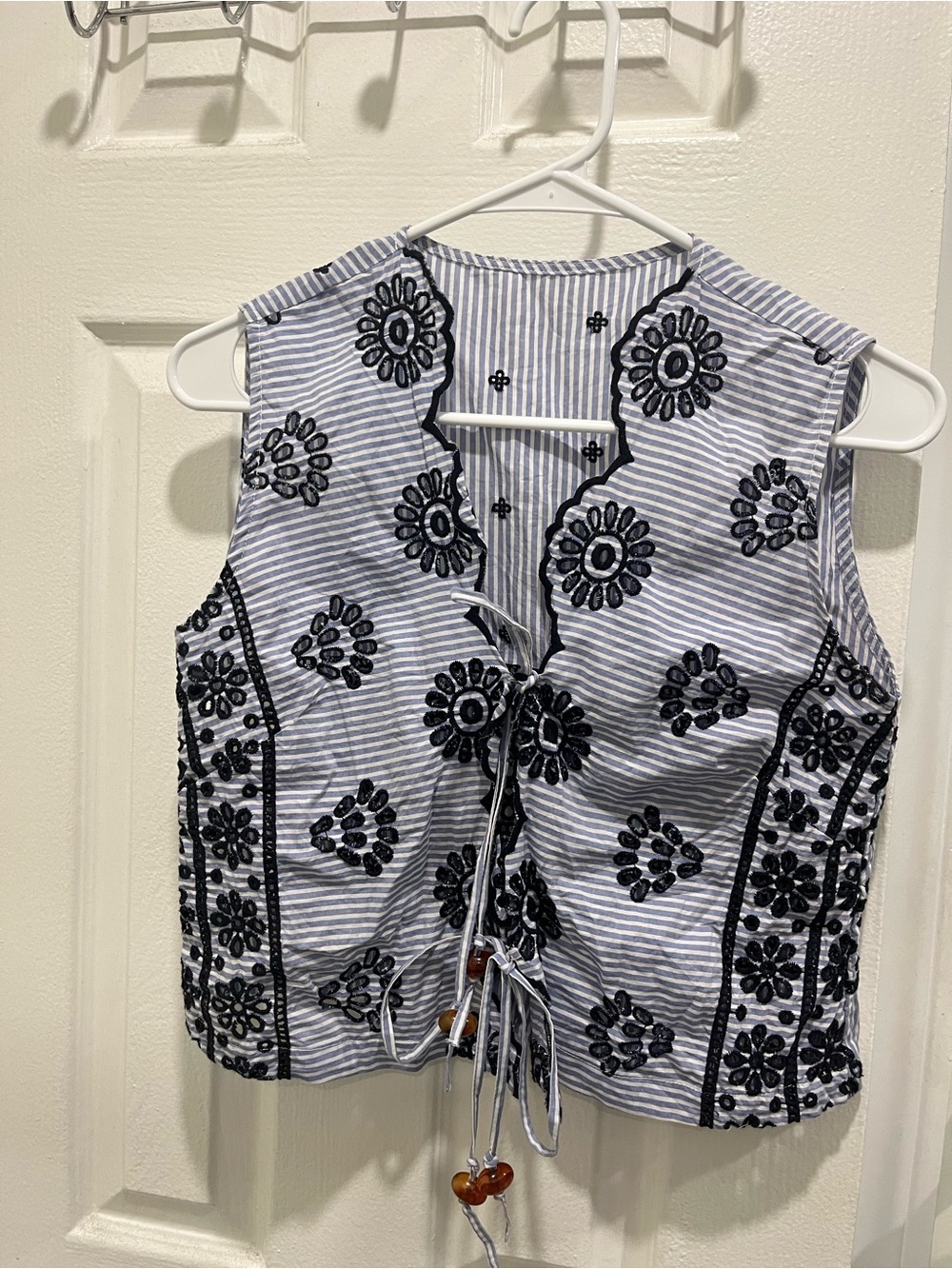 Embroidered Tie-Front Sleeveless Top - Blue/White Stripe with Black Floral